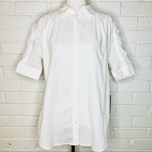 Simple Vera Wang Ruched Button Down Collar White 3/4 Shirt Women’s Small Top